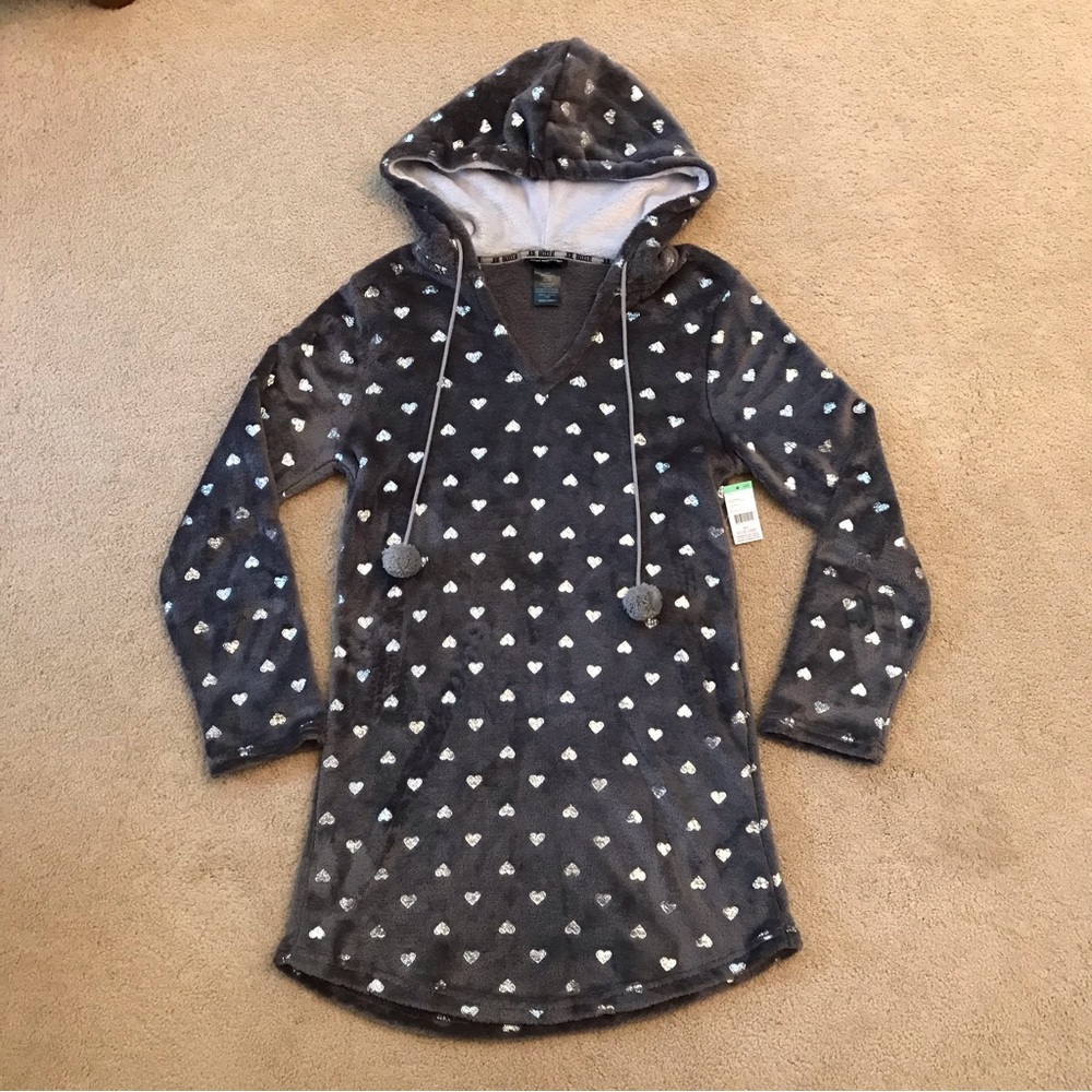 Joe Boxer Cozy Plush Lounger Sleepwear NEW Size S Junior Hood Grey Silver Hearts